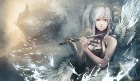 Piping in the Spirits - heaven, bird, music, anime, spirit, beautiful, silver, angel