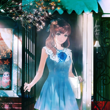 Take a Walk - shopping, maiden, beautiful, long ahir, anime girl, girl, lady, shop, blouse, sundress, pretty, beauty, sweet, brown hair, anime, dress, stall, building, home, nice, lovely, scene, female, house