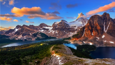 Assiniboine Sunrise - clouds, British Columbia, beautiful, snowy peaks, deep blue, sunrise, grass, forest, lake, mountains, sky