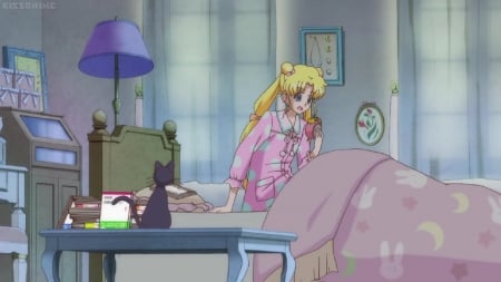 Wah!! ... I'm Late!! - bed, anime girl, blond hair, blonde hair, table, clock, lamp, tsukino usagi, adorable, long hair, usagi tsukino, kitten, ir, sweet, bedroom, nice, female, usagi, twintail, blond, tsukino, pretty, anime, luna, cute, twin tail, scene, girl, cat, twintails, kitty, lovely, ls, sailor moon, kawaii, twin tails, sailormoon, blonde