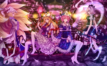 Yao Yao Dream - pretty, anime, kitsune, magic, female, fox, dress, blonde, blond hair, night, long hair, dark, group, touhou, blond, nice, tails, anime girl, beautiful, girl, blonde hair, beauty, lovely, sweet, glow