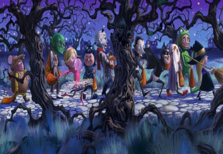 Trick Or Treaters - halloween, houses, kids, woods