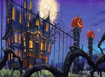 Halloween Manor - black cat, pumpkins, fence, house