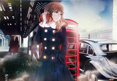 Cold Wheather - pretty, anime, female, scenery, scene, maiden, snow, dress, car, freeze, nice, anime girl, winter, beautiful, girl, sweater, beauty, lovely, brown hair, sweet, blouse, longhair, lady, motorcar, cold, jacket