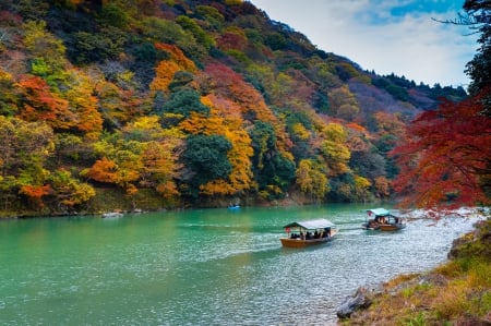 Autumn River near Osaka, Japan - fall, hills, boats, trees, water, colors