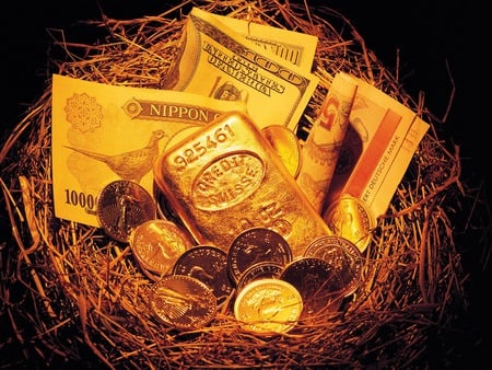 Money Basket - gold buillion, basket, money, coins, hay, notes