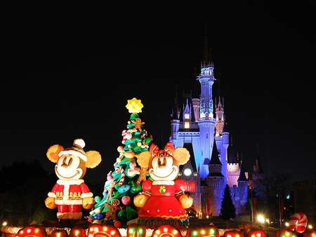 Christmas Lights - christmas tree, disney castle, mickey minnie mouse