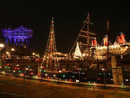 Dreamy Disney Christmas - ship, railing, night, disneyland, christmas, lights