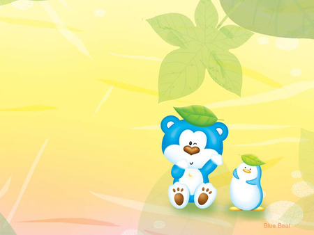 Blue Bear and Penguin - blue bear, leaves, penguin