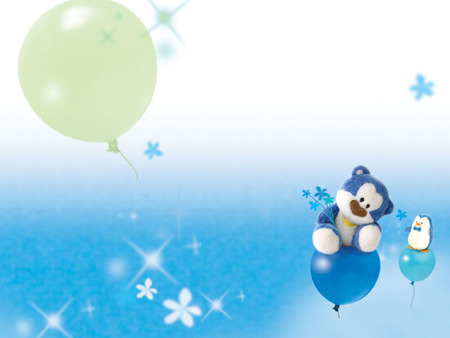 Balloon ride - sky, balloons, blue bear, ride, stars, penguin, flowers, sparkles