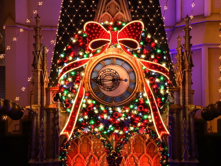 Disney Christmas Clock - clock, red bow, disneyland, lights, christmas, baubles