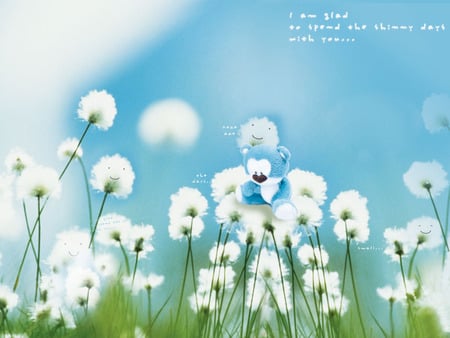 Smiling Dandelions - flowers, blue bear, verse, dandelions