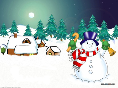 Christmas Snowman - trees, snowman, winter, bell, christmas, cane, scarf, tophat, cottages