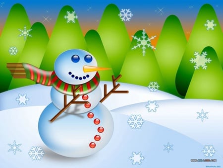 Cute Snowman - snowman, trees, snow, winter, scarf, snowflakes