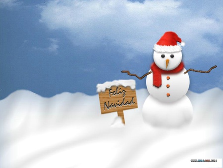 Feliz Navidad - christmas, sign, snowman, scarf, santa cap, snow, spanish writing