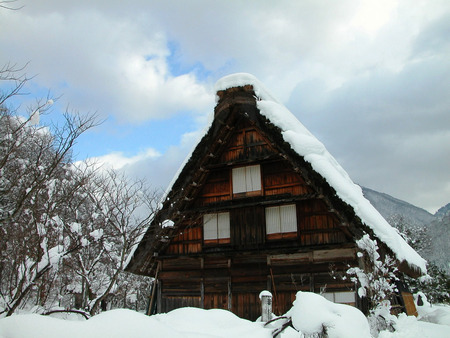 Log Cabin - winter, log cabin, snow, cloudy sky