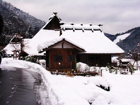 Winter Cottage - deep snow, log cottage, winter, mountains