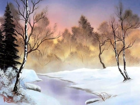 A winter's day - trees, snow, winter, stream, misty