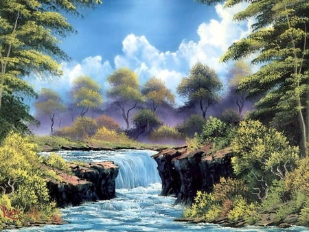 As the river flows - waterflow, art, trees, clouds, river