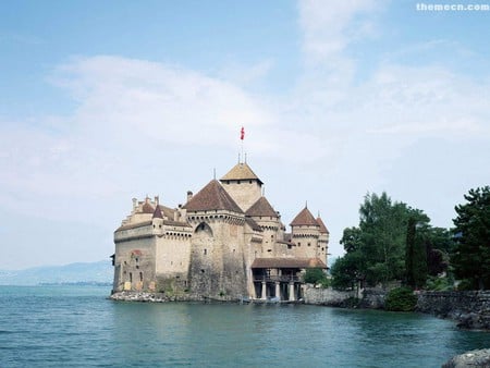 Castle on the edge - trees, lake, rocks, castle, flag, small bridge