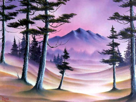 Misty Mauve Mountains - mauve mountains, trees, shallow valleys, art