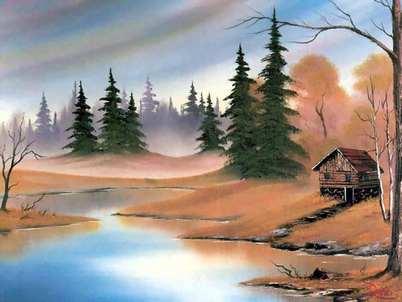 Quiet Setting - art, brownish grass, timber building, pine trees, creek