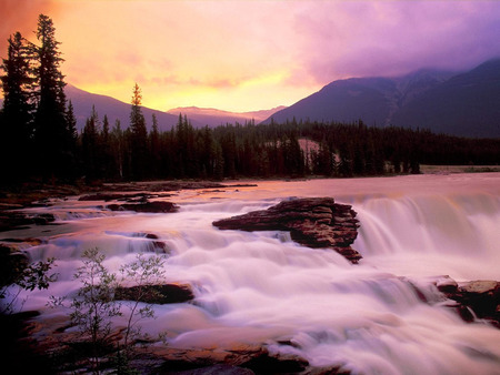 Waterfall, Canada - trees, canada, mountains, waterfall, sunrise