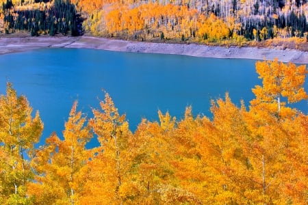 TARQUOISE LAKE in AUTUMN - lake, autumn, falls, landscape, seaons, mountains, blue lake, clear lake, nature, leaves, splendor, enchanting nature, bright colors