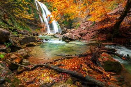 Forest waterfall - autumn, stream, waterfall, serenity, foliage, nature, fall, forest, beautiful, leaves, lvoely