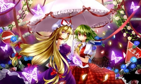 Flowers to Realm - pretty, anime, magic, female, blossom, dress, blonde, blond hair, green hair, lolita, umbrella, touhou, blond, ribbon, hd, nice, loli, yakumo yukari, kazami yuuka, gown, anime girl, girl, blonde hair, lovely, sweet, flower, petals, cg, butterfly, floral