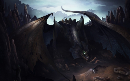 Dragon - wings, fantasy, black, game, dragon