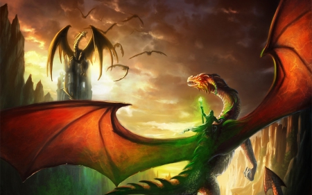 Dragons - wings, red, fantasy, game, rider, dragon, art, green