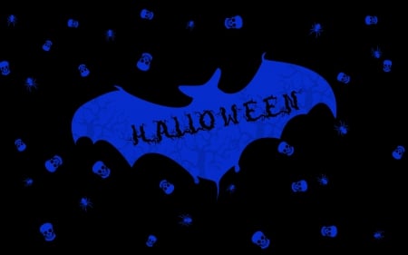 Happy Halloween - halloween, trees, spiders, blue, bat, skulls, black