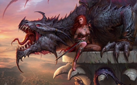 Fantasy girl and dragon - woman, dragon eternity, redhead, art, girl, game, fantasy