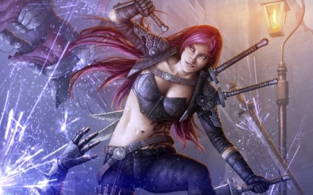 Katarina - game, league of legends, blue, girl, battle, fantasy, redhead, woman, fight, Katarina