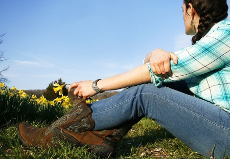 Field Of Dreams - boots, field, flowers, cowgirl