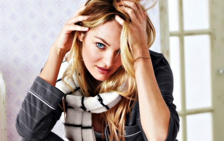 Candice Swanepoel - woman, girl, blue eyes, winter, scarf, candice swanepoel, model, blonde