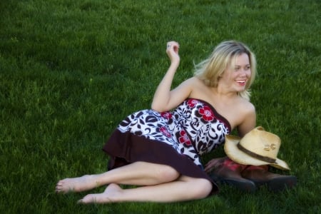 Relaxing - cowgirl, dress, hat, grass