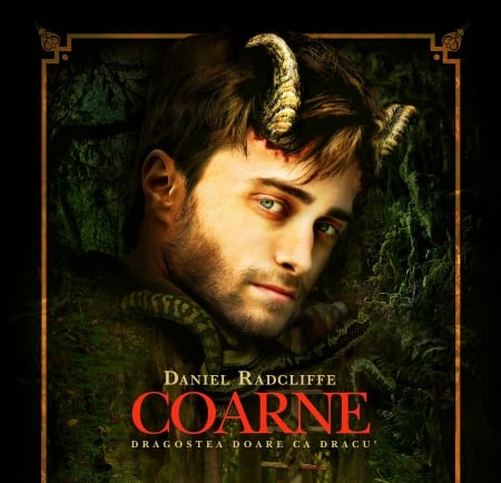 Horns (2013) - actor, poster, Daniel Radcliffe, man, Horns, fantasy, red, green, word, movie