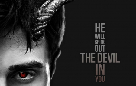 Horns (2013) - white, fantasy, black, word, poster, red eye, movie, horns