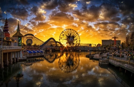 Disney World - clouds, florida, sunset, water, rollercoaster, reflection