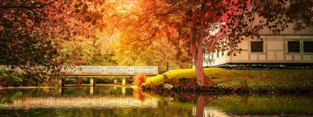 Autumn Mirror - house, trees, pond, beautiful, forest, reflection, fall light, autumn, meadows, bridge