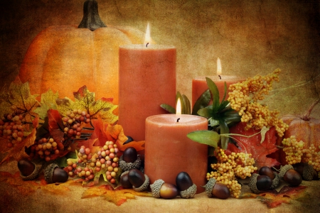 Autumn Candles - acorns, autumn, vintage, candles, leaves, pumpkin background, still life, berries