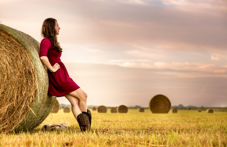 Country Gal - cowgirl, boots, dress, hay, field, brunette, bales