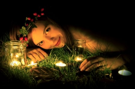 Light Of My Heart - women, jars, beautiful, grass, night, light, berries, wreath, autumn, candles