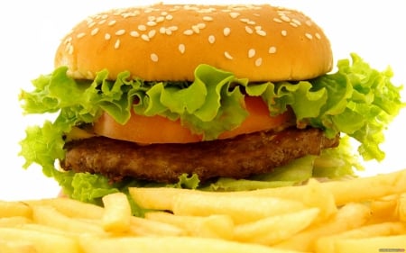 chicken burger - burger, fries, chicken, lettuce