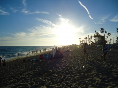 People At The Beach - clouds, summer, people, ocean, sand, shore, nature, palm trees, sun, sky