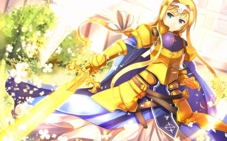 SAO: Golden Armor - pretty, anime, female, warrior, blonde, blond hair, long hair, armor, blond, sword art online, sao, nice, anime girl, beautiful, girl, sword, blonde hair, beauty, gold, lovely, sweet, knight, blade