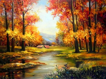 Autumn house - house, trees, beautiful, creek, colros, forest, lovely, countryside, nature, autumn, painting, hut, art, cottage