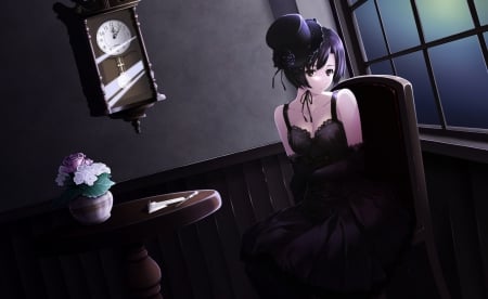 Midnight Affair - nice, beauty, female, hot, hat, cap, anime girl, gothic, gorgeous, pretty, table, anime, clock, maiden, lady, sexy, girl, loli, gown, lovely, chair, sublime, beautiful, sweet, dress, lolita